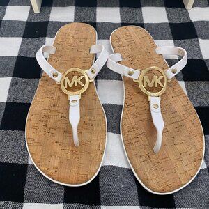 Michael Kors MK Gold Charm Jelly Sandals Logo Cork Thong Flip Flops White SZ 8
